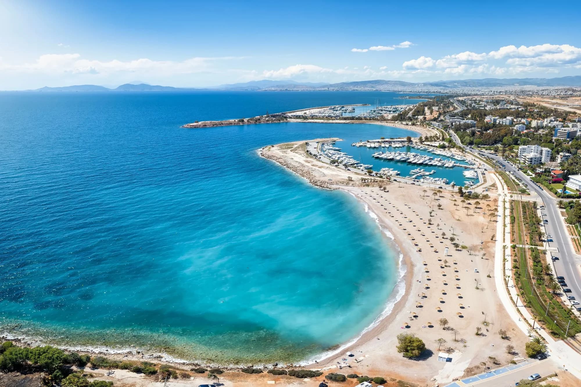 Glyfada marina and beach from the air, with the Athens Riviera behind